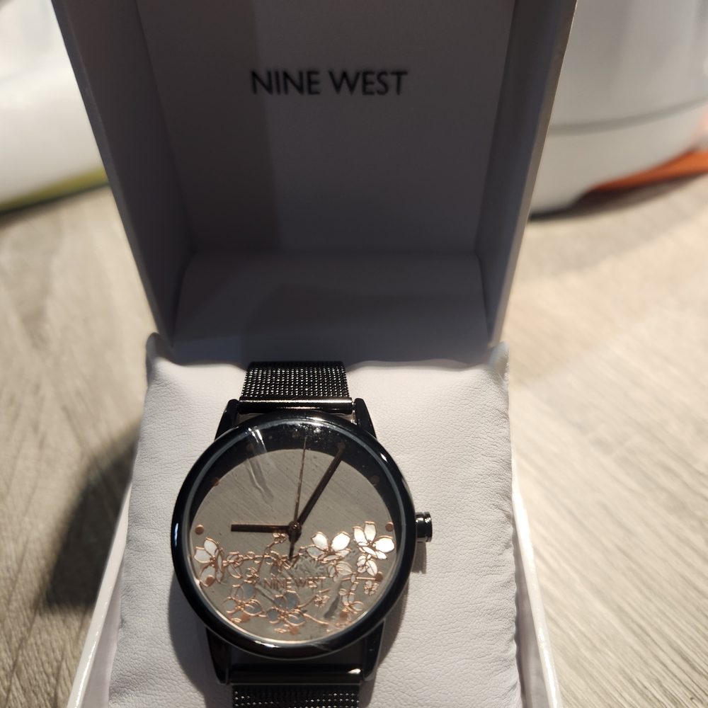 Nine West Black and Silver Floral Watch